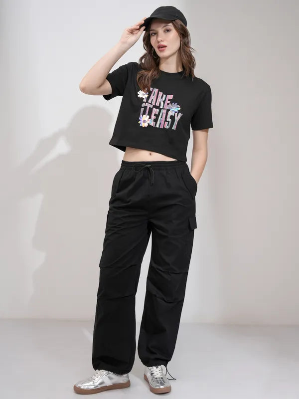 Suburbans Women Black Printed Round Neck T-Shirt