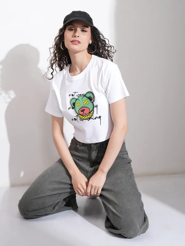 Suburbans Women White Printed Round Neck T-Shirt