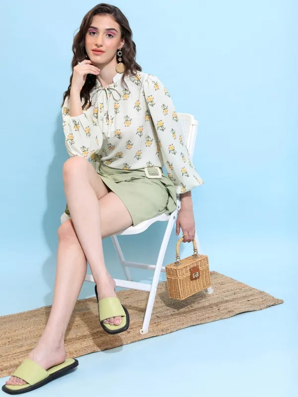 Suburbans  Women Off White Printed Regular Tops