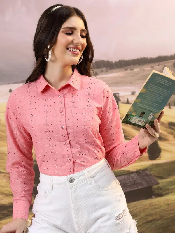 Suburbans Women Pink Self Design Casual Shirts