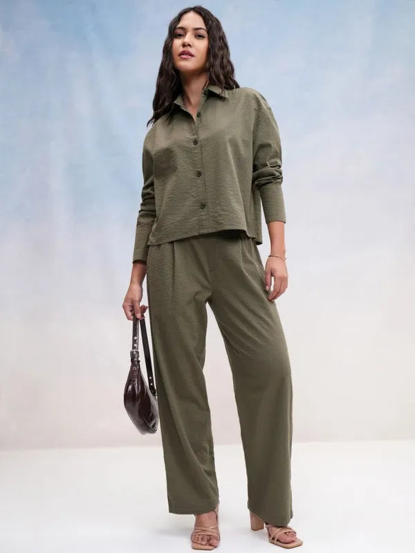 Suburbans Women Olive Textured Casual Shirt