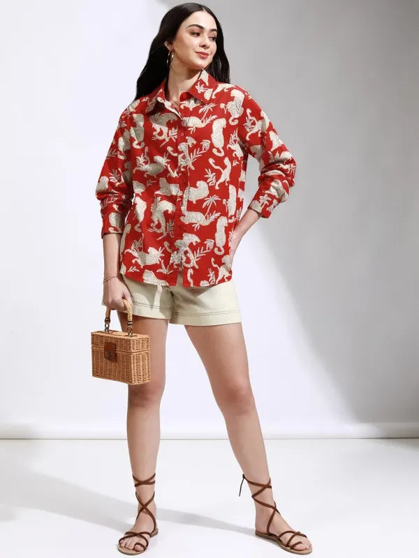 Women Red Printed Oversized Fit Casual Shirt
