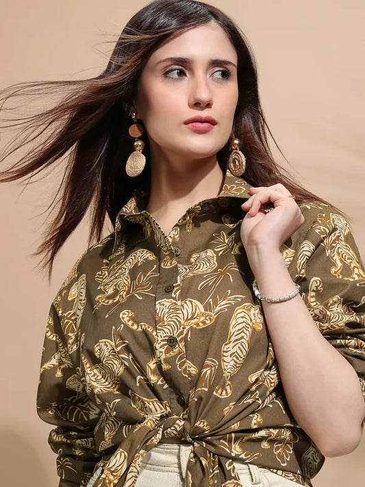 Suburbans  Women Brown Printed Regular Fit Casual Shirt