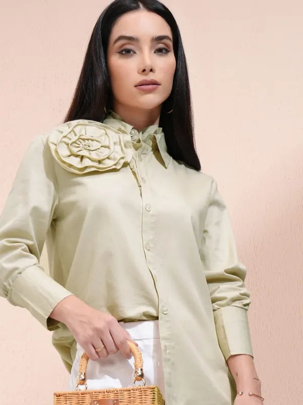 Suburbans  Women Beige Solid Regular Fit Casual Shirt