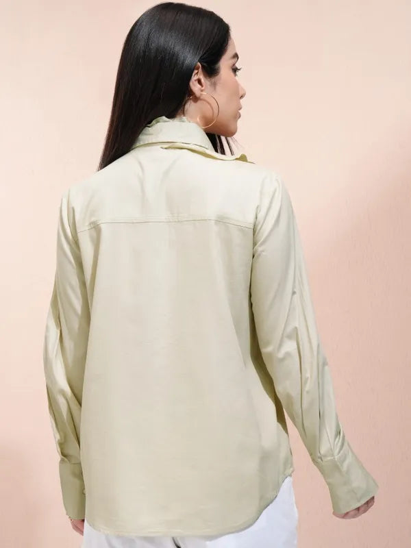 Suburbans  Women Beige Solid Regular Fit Casual Shirt