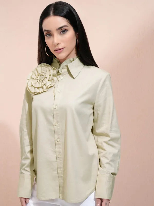 Suburbans  Women Beige Solid Regular Fit Casual Shirt