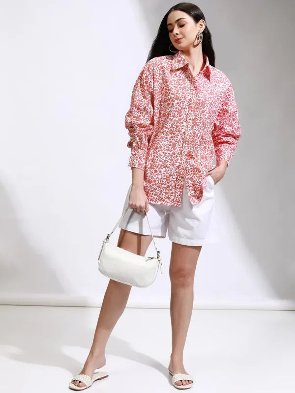 Women Pink Printed Oversized Fit Casual Shirt