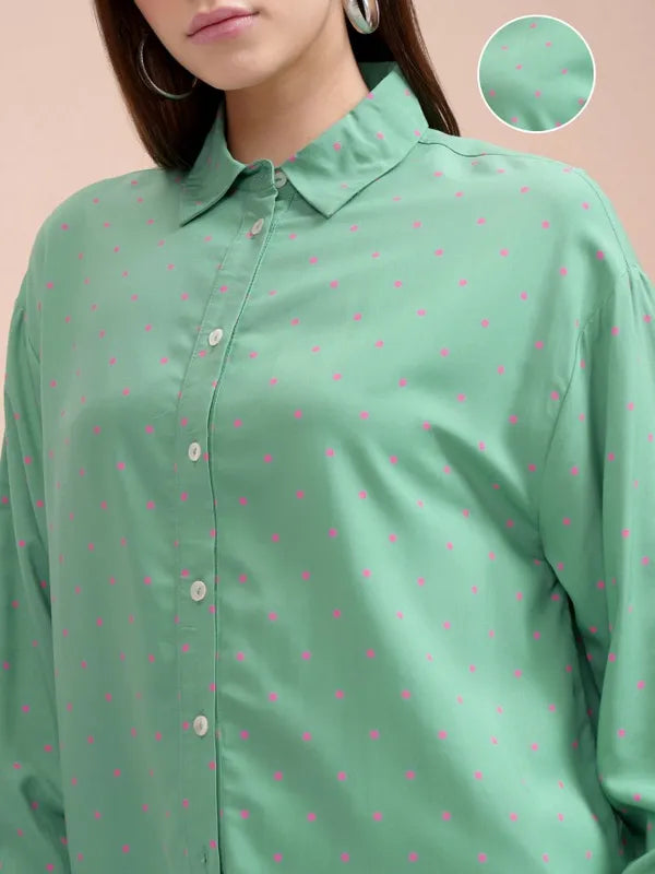 Suburbans  Women Teal Printed Regular Fit Casual Shirt