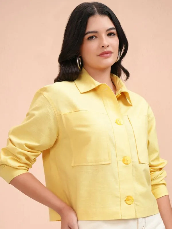 Suburbans  Women Yellow Solid Oversized Fit Casual Shirt
