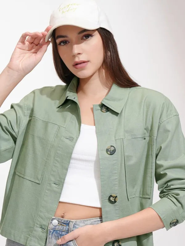 Suburbans  Women Olive Solid Oversized Fit Casual Shirt