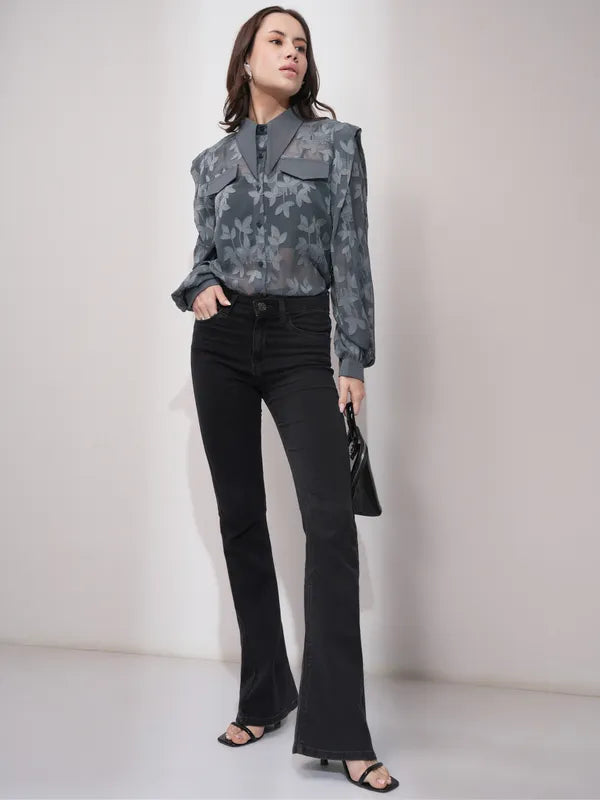 Suburbans Women Grey Self Design Regular Fit Casual Shirt