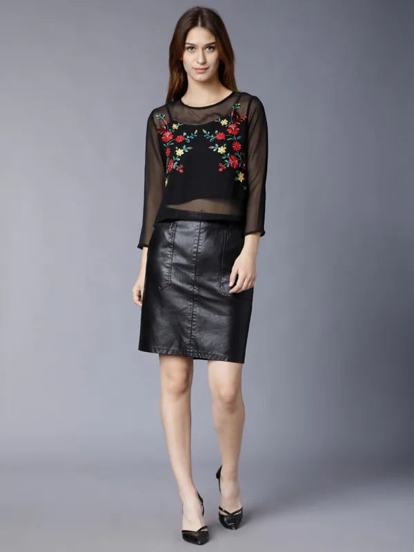 Suburbans Women Black Embroidered Regular Tops