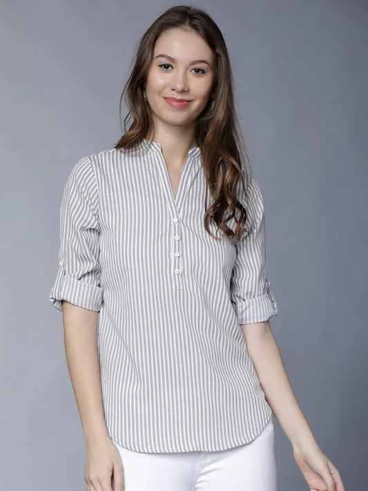 Suburbans   Women Grey Striped Regular Tops