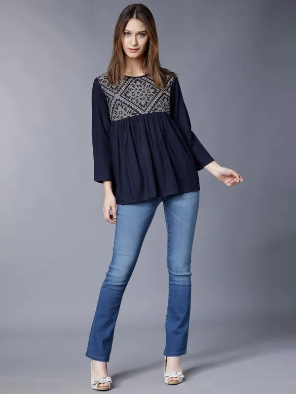 Suburbans Women Navy Blue Printed Regular Tops