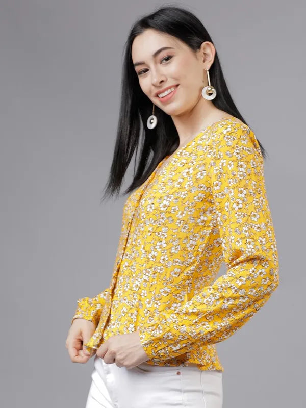 Suburbans  Women Yellow Printed Peplum Tops