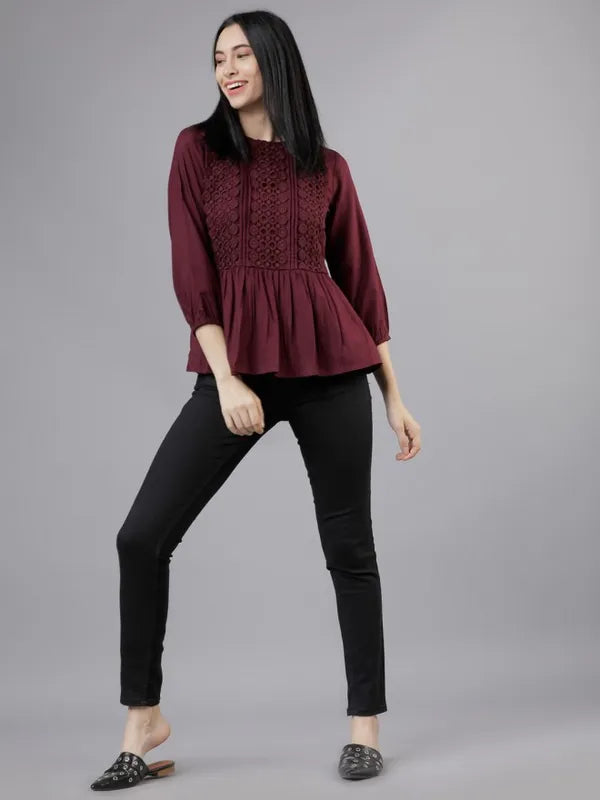 Suburbans Women Burgundy Solid Peplum Tops