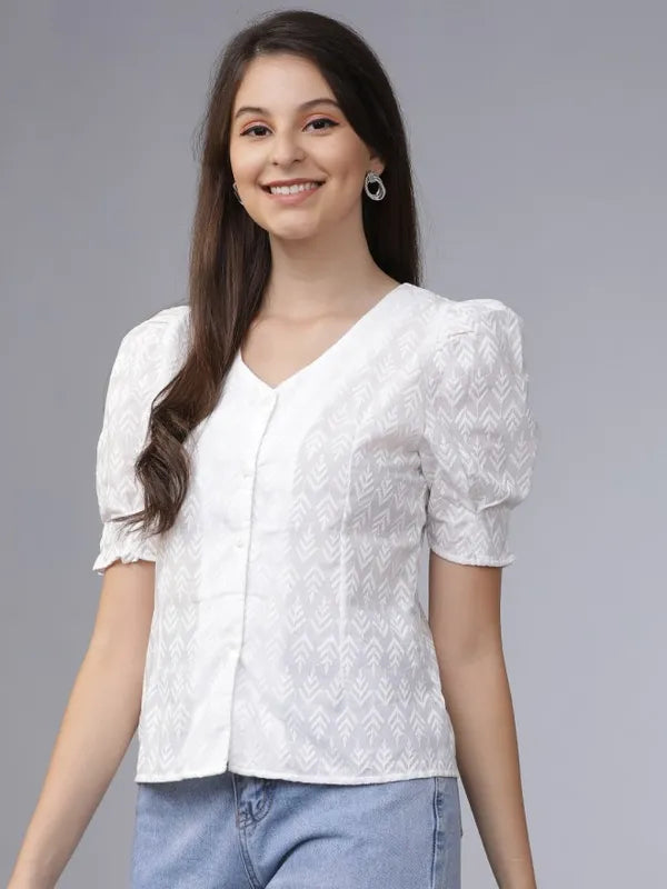 Suburbans  Women Off White Embroidered Regular Tops