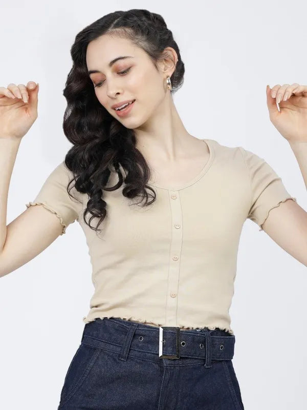 Suburbans Women Beige Solid Regular Tops
