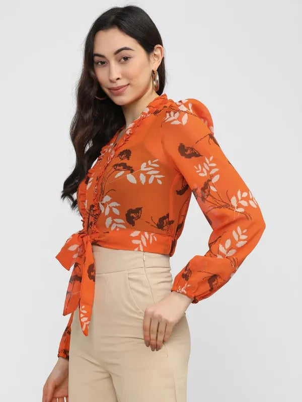 Suburbans Women Orange Printed Regular Tops