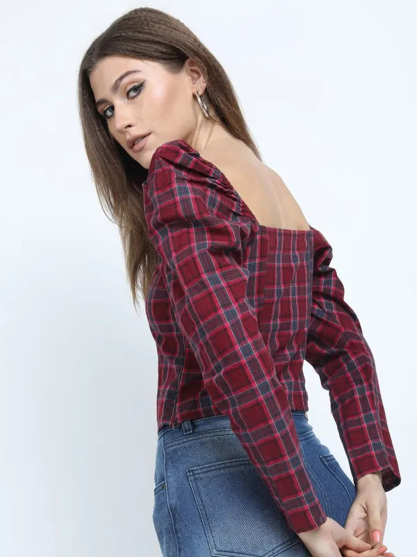 Suburbans Women Maroon Checked Regular Tops