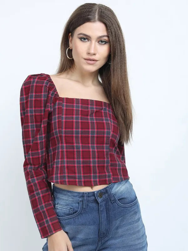 Suburbans Women Maroon Checked Regular Tops