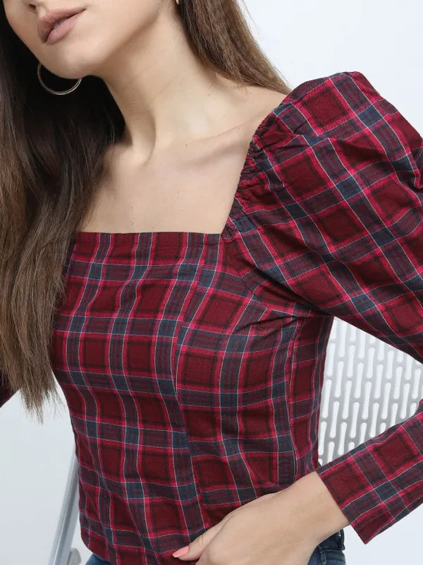 Suburbans Women Maroon Checked Regular Tops