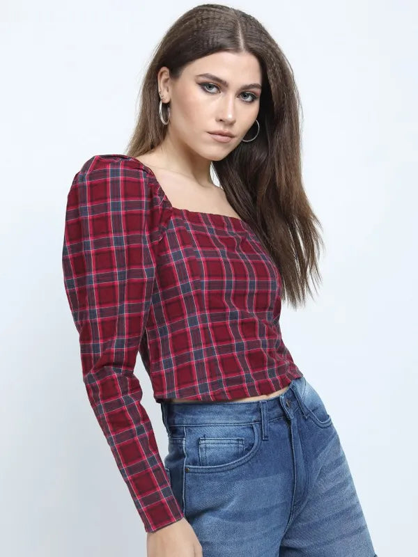 Suburbans Women Maroon Checked Regular Tops