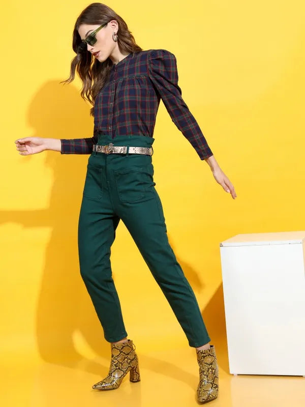 Suburbans Women Navy Blue Checked Regular Tops