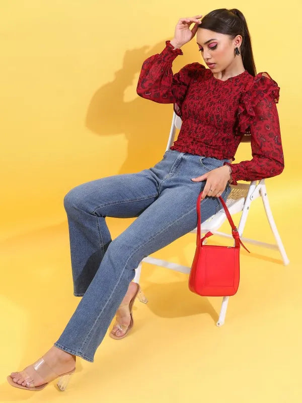 Suburbans Women Terracotta Printed Fitted Tops