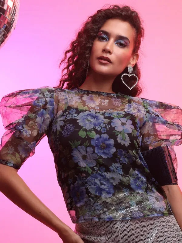 Suburbans Women Blue Printed Regular Tops