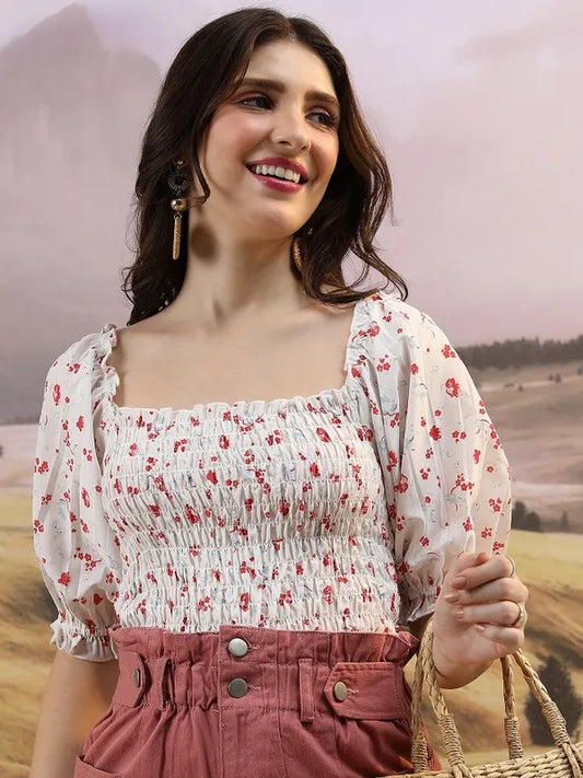 Suburbans   Women Off White Printed Regular Tops