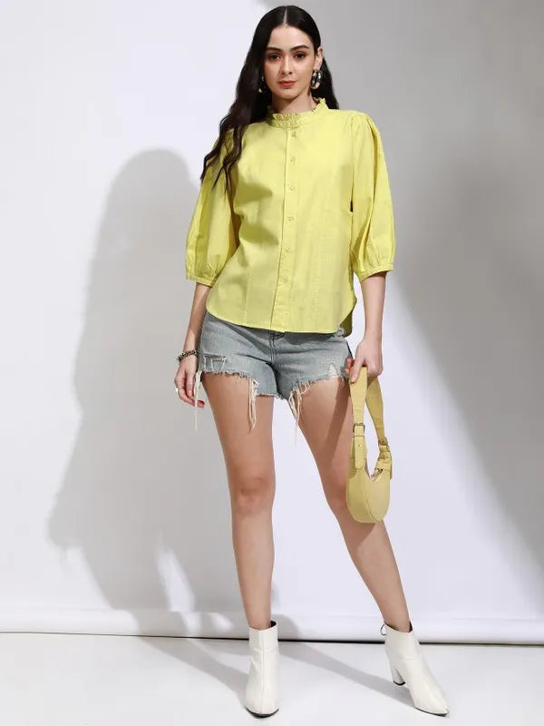 Suburbans Women Yellow Solid Shirt Style Top