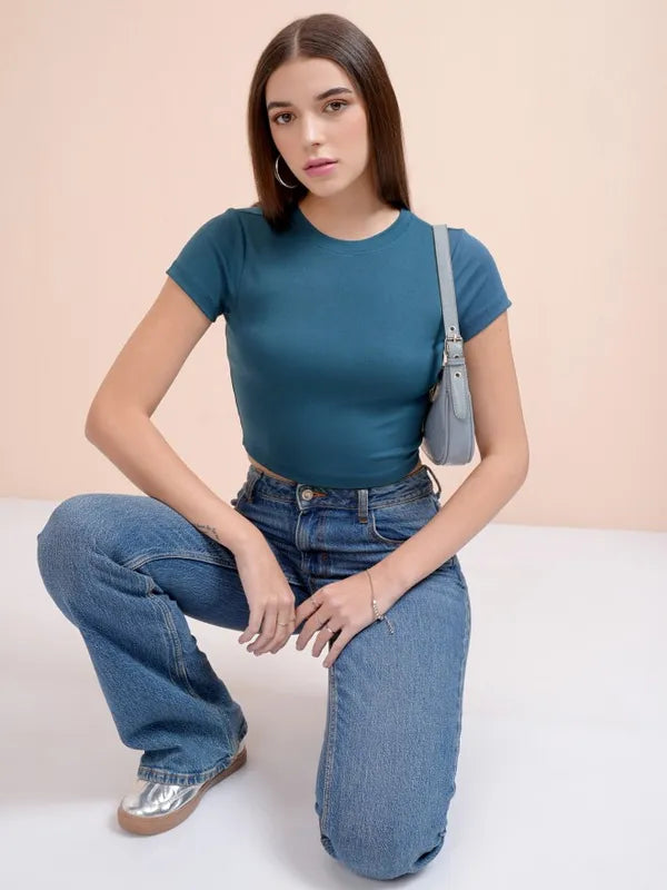 Suburbans Women Teal Solid Fitted Top