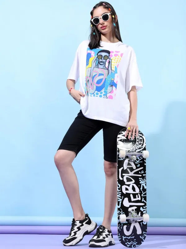 Suburbans Women White Printed Round Neck T-Shirts