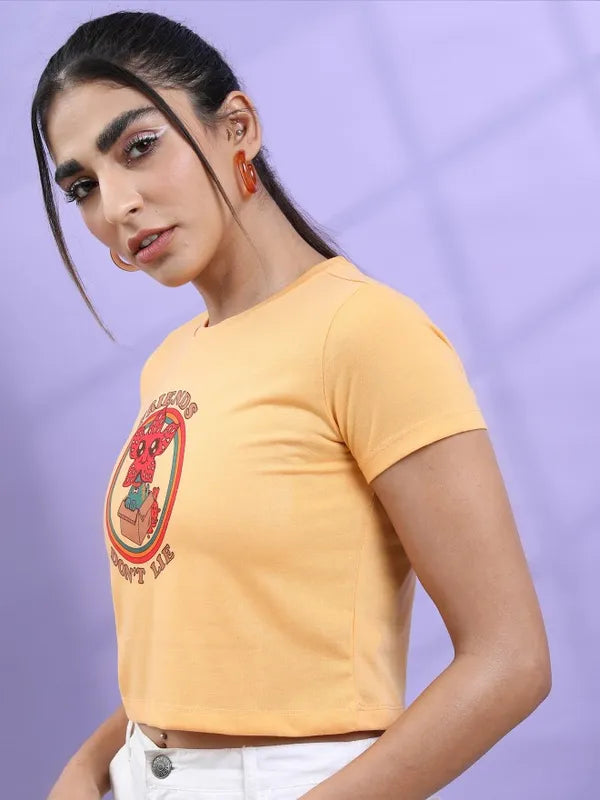Suburbans   Women Yellow Printed Round Neck T-Shirts
