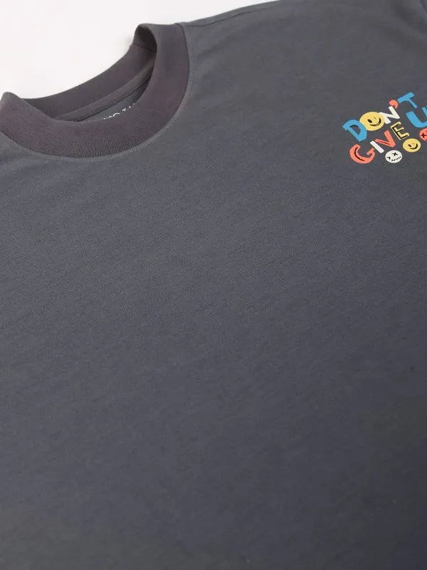 Suburbans Women Charcoal Printed Round Neck Oversized Fit T-Shirt