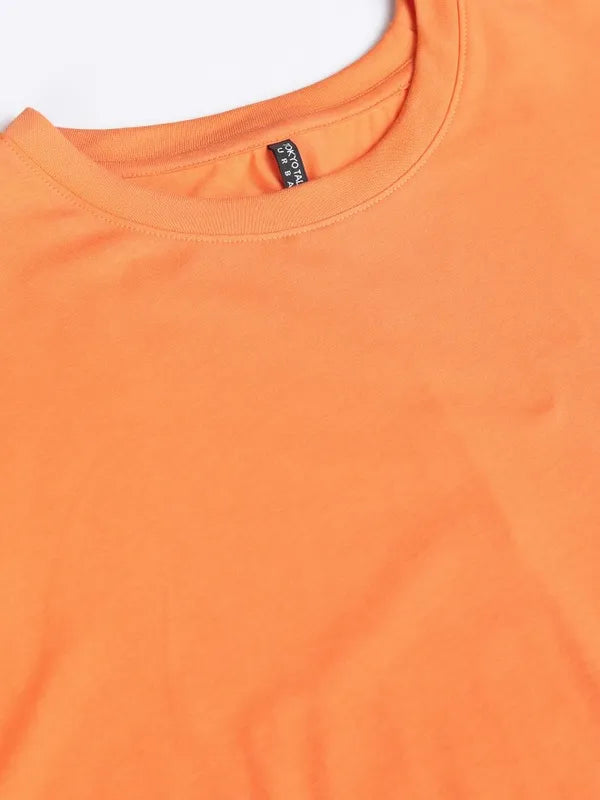 Suburbans  Women Orange Solid Round Neck Oversized Fit T-Shirt