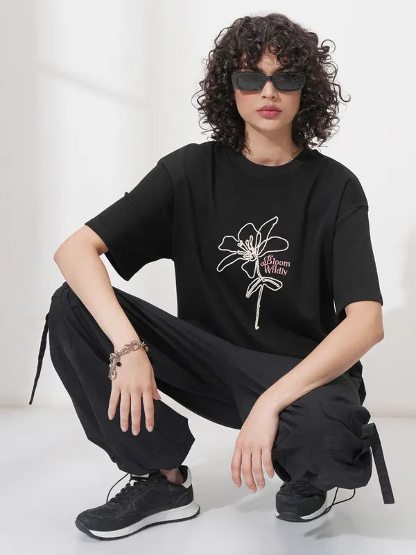 Suburbans Women Black Self Design Round Neck Oversized Fit T-Shirt