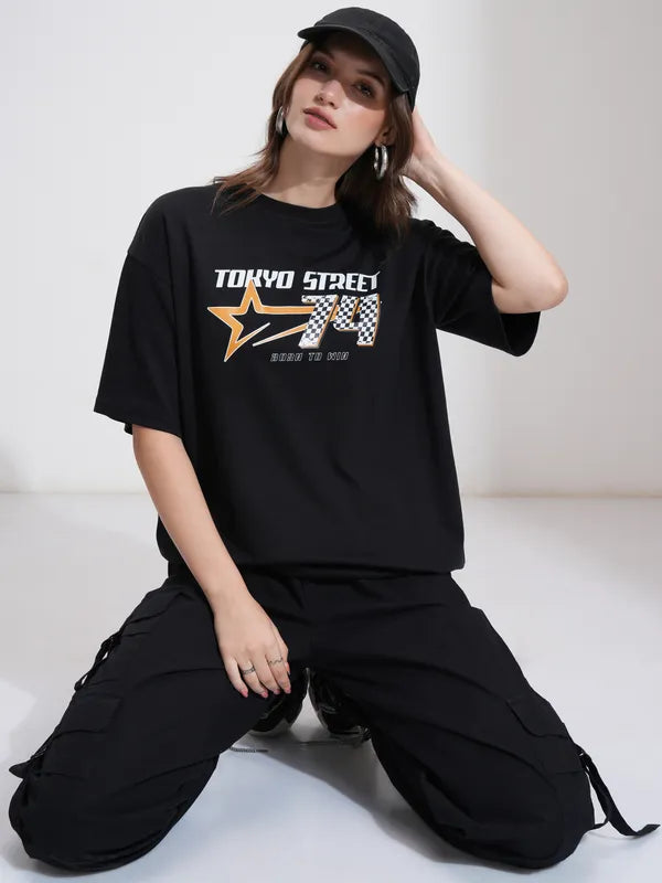 Suburbans Women Black Printed Round Neck Oversized Fit T-Shirt