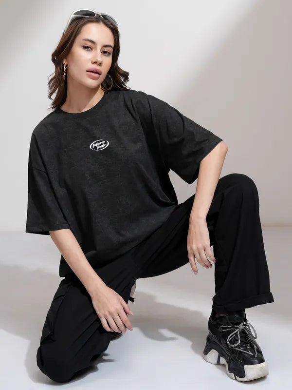 Suburbans Women Black Printed Oversized Fit T-Shirt