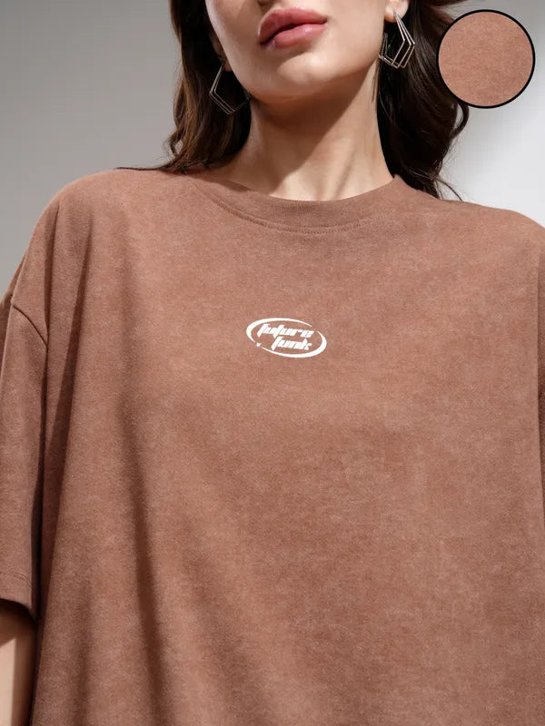 Suburbans Women Brown Printed Oversized Fit T-Shirt