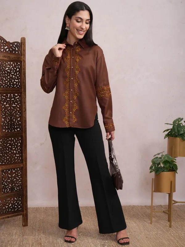 Suburbans Women Brown Embroidered Casual Shirts