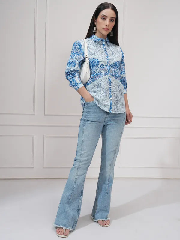Suburbans Women Blue Printed Regular Fit Casual Shirt