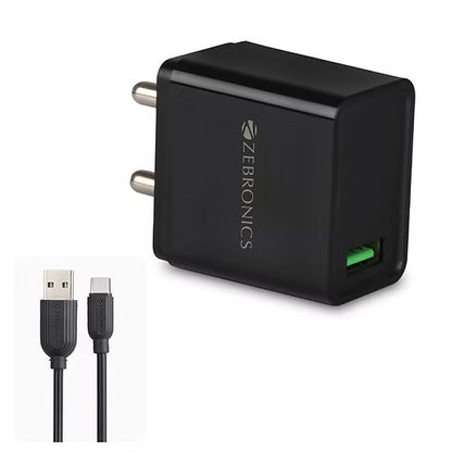 ZEBRONICS 18W Charger 1 M Type C Cable(Black)