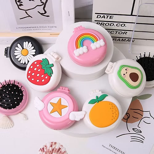 Cartoon Printed Mini Mirror With Comb (Random Print)