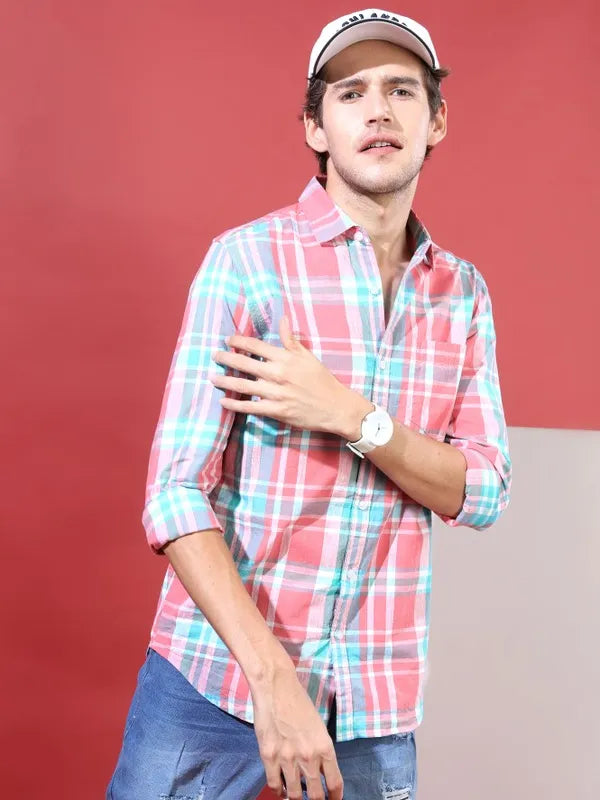 Suburbans Men Pink Checked Slim Fit Casual Shirt