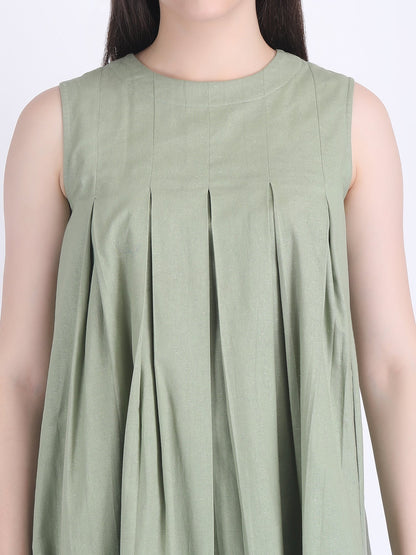 COTTON FLEX COMFORT WEAR BOX PLEATED DRESS CUM KURTA SET WITH STRAIGHT PANTS IN MINERAL GREEN