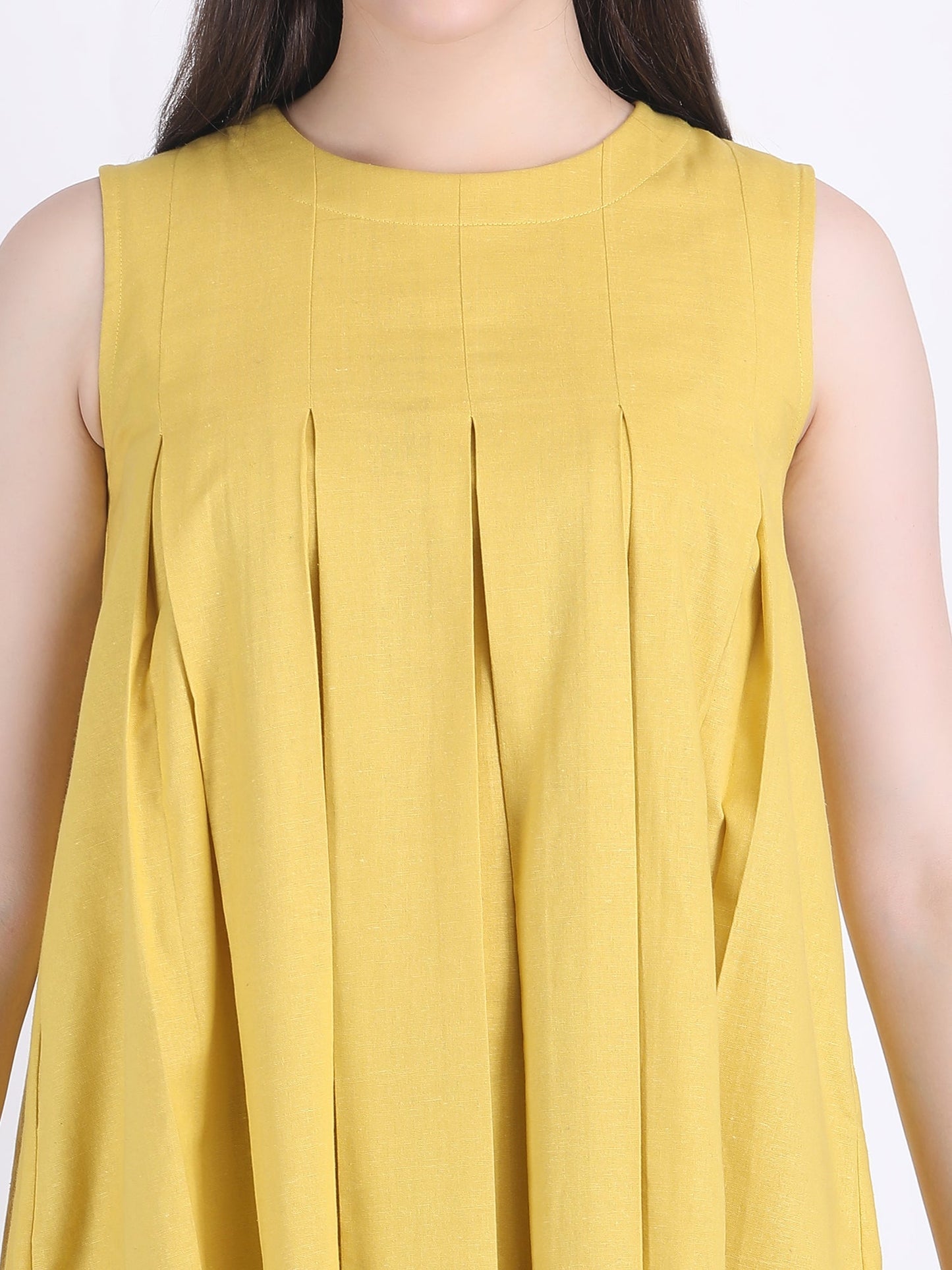 COTTON FLEX COMFORT WEAR BOX PLEATED DRESS CUM KURTA SET WITH STRAIGHT PANTS IN LEMON CURRY