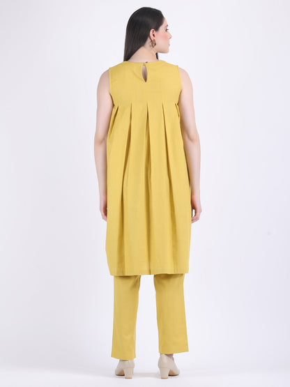 COTTON FLEX COMFORT WEAR BOX PLEATED DRESS CUM KURTA SET WITH STRAIGHT PANTS IN LEMON CURRY