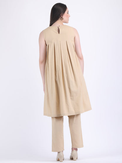 COTTON FLEX COMFORT WEAR BOX PLEATED DRESS CUM KURTA SET WITH STRAIGHT PANTS IN LIGHT FAWN